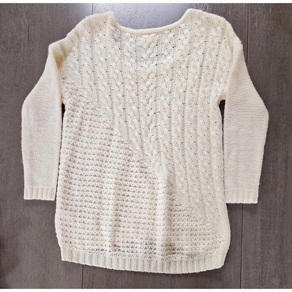 Lucky Brand Ivory Cable Knit Open Stitch Sweater Sz M Wool Blend High Low Boho - Picture 2 of 10